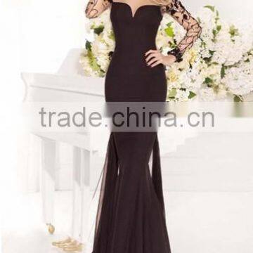 elegant full length A-line backless long sleeve black evening dresses