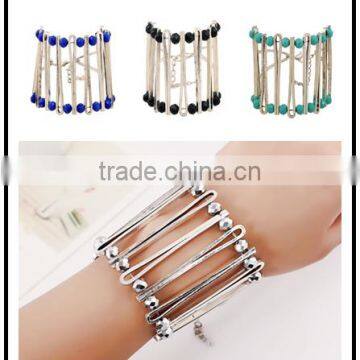 2016 unique double layer beades metal cuff bangle elastic stone beaded cuff bangle diy beaded bangle