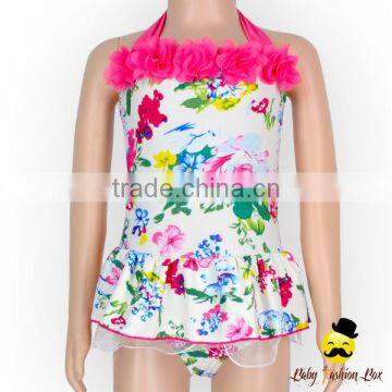 Hot Sale Kids Halter Floral Printed Flower One Piece Little Girl Modeling Swimwear Dress Beach Clothes photo-2