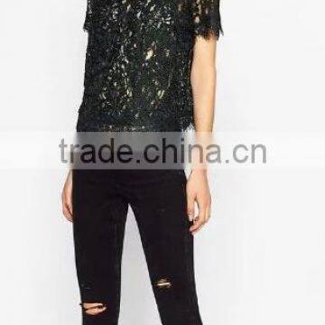 Runwaylover EY2368B Hot Sale 2017 Ladies Hollow Out Shrt Sleeve Lace T-Shirts photo-3