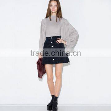 Women's OL Slim Fit High Collar Lantern Sleeve Long Sleeve Gray t Shirt photo-3