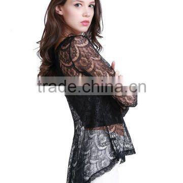 Women's New Style Black Sexy Lace Short Front Long Back Wavy Strip Two Piece Shirt photo-3