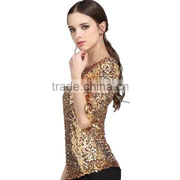 Womens Sequin Paillette Detail Golden Hot Gilrs Tight Shirt photo-2