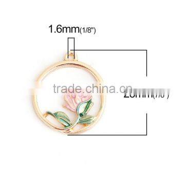 Zinc Based Alloy Enamel Flower Garden Style Charms Round Gold Plated Green Hollow photo-2