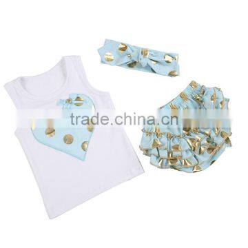 2017 new summer Girls clothing set Kids white short+ blue bloomers with headband 3 pcs Clothing sets children Clothing Sets