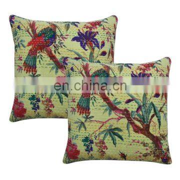 Bird Print Decorative Kantha Floral Cushion Covers Indian Handmade Kantha Cushion Cover Throw