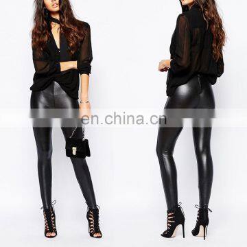 2016 women skinny tight black stretch PU leather pants