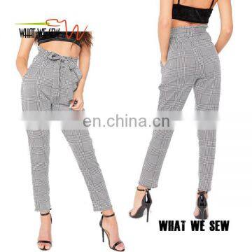 Custom fashion style black check paper bag trousers casual pants for women