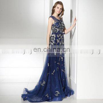 2017 Latest Design Cap Sleeve Royal Blue Tulle Embroidered Evening Dresses LX382 photo-2