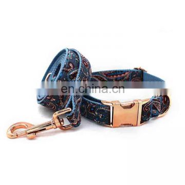 Navy blue cashew flower pattern metal buckle polyester pet dog collar and leash set