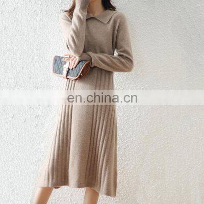 Designer Women Winter Polo Neck Cashmere Wool Long Dress Sweater