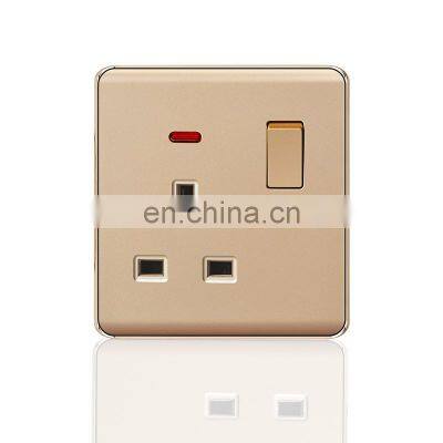 UK Standard 3 pin Wall Socket With Switch 13A  Flame retardant PC Panel Socket and Switch Electrical Metal Frame With LED light