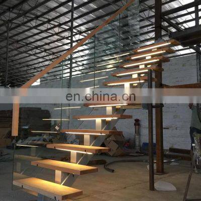 Wooden tread Staircase glass balustrades & handrails luxury Stairs with LED