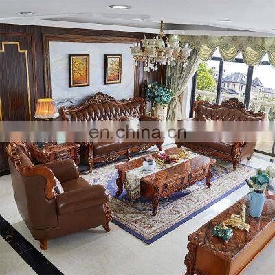 European-style Leather Sofa American Solid Wood Carved Villa Living Room Furniture