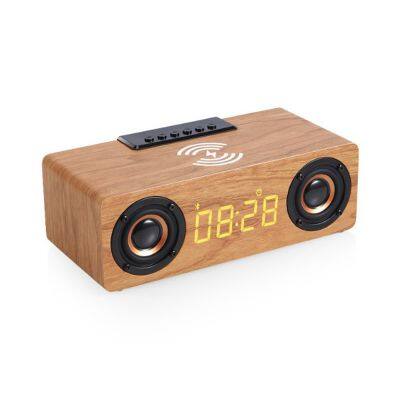 10W Multifunction Desk Table Led Display Alarm Clock FM Radio Blue-tooth BT 5.0 Speaker with Wooden Wireless Charger