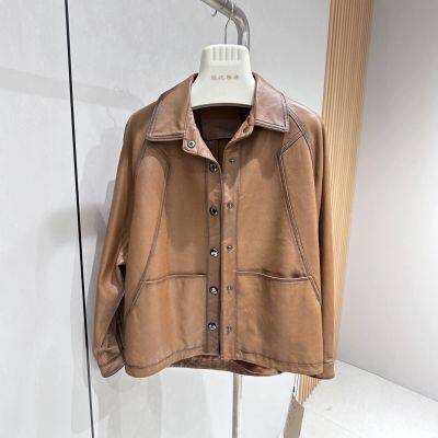 Genuine leather jacket for women short lapel camel color Haining fur  single leather new sheepskin women coat small