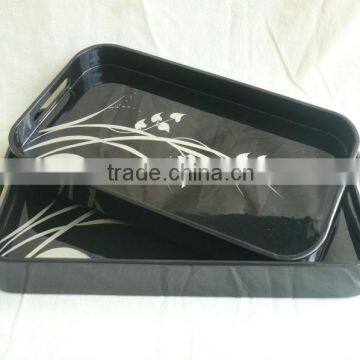 Set of two black and white flower decoration rounded rectanglel lacquered tray TK Vietnam