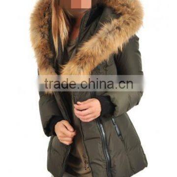 woman down jacket with real natural fur collar and hood,fashion army green jacket