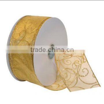 Christmas Ribbon Swirl Wired Sheer Glitter Ribbon, 2-1/2 Inch 63mm , Gold