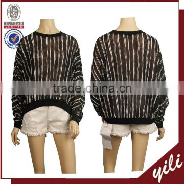 2016 White black stripe fat women plus size long sleeve loose knitted blouse