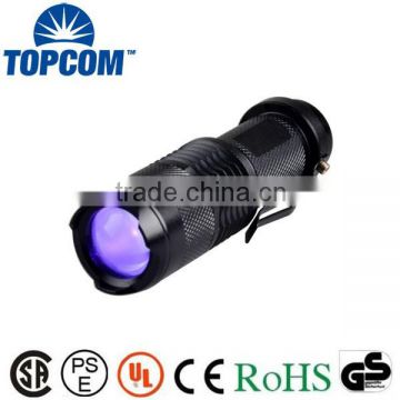 390nm 3W Ultraviolet Flashlight Zoom Foucs Torch UV With Clip