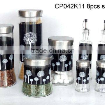 CP042K11/8 9pcs glass jar set with decal printing with plastic lid