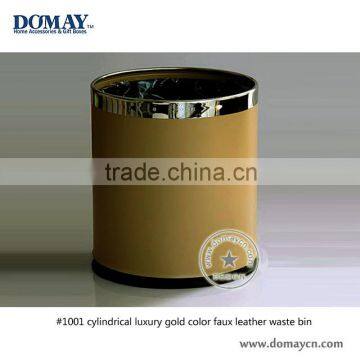 Custom luxury gold color faux leather waste bin/room Dust bin/Leatherette garbage bin, hotel paper bin