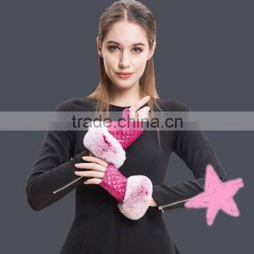 Rabbit Fur Gloves With Exposed Fingers Fingerless Sheepskin Lattice Leather Mitten