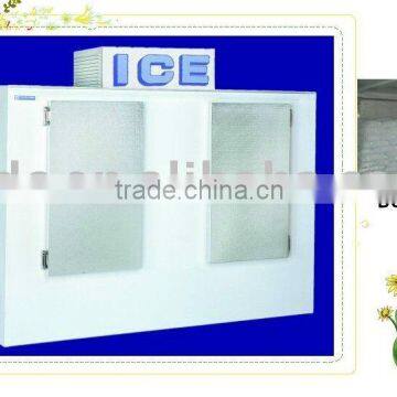 Refrigerated ice cube storage bin with double doors