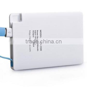 Build in Cable Lithium Polymer 2500mah Ultral Slim Credit Card Power Bank for Xiaomi Mobile Phone