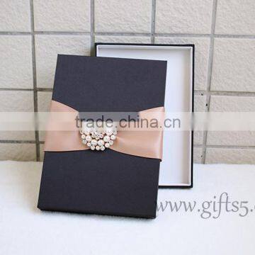 Black Color Silk Wedding Invitation Box With Crown Brooch Embellishment photo-3