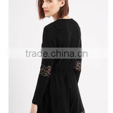 China Clothes manufacturer Summer Women's Long Sleeve Lace Insert Black Rayon Playsuit customized