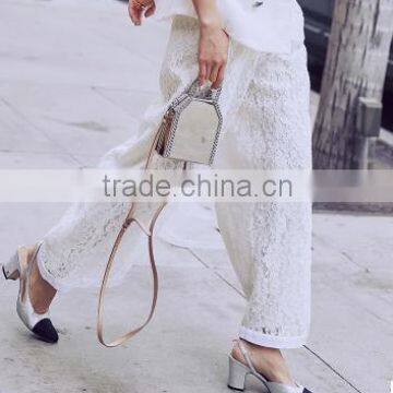 Guangzhou Clothes Factory Manufacturer Boyfriend style Wide Leg White Lace Crochet Trousers