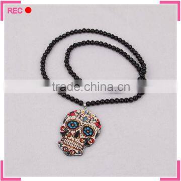 Black bead long chain necklace with skull pendant, fashion necklace free samples