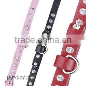 Rhinestone Real Leather Cat Collar with Metal Buckle