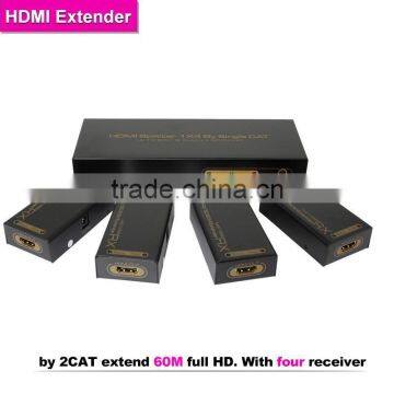 New Product HDMI splitter 1x4 by 2CAT extend 60M full HD. With four receiver (Support 3D)US