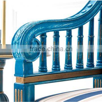 Antique Handmade Solid Wood Square Back Carving Armchair Painted in Vintage Blue and With Striped Fabric BF12-03294b photo-5