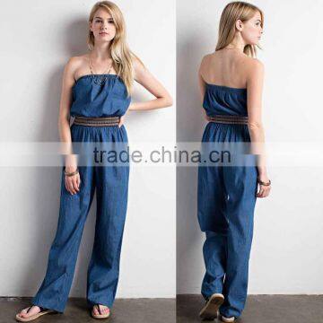 100% Cotton Solid Denim Woven Jumpsuit Elastic Waist Off Shoulder Plus Size Denim Jumpsuit Women