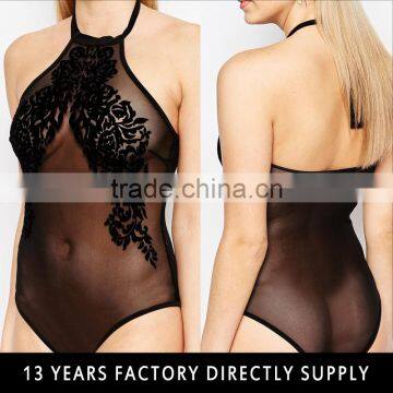 2016 OEM Service Halter Sleeveless Sexy Transparent Mesh Bodysuit