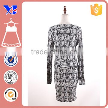 Fashion Fitted White Black Print Long sleeve Cheap Price Strength Milk Silk Dress