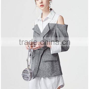 2017 New Design Cold Shoulder Long Sleeve Fake 2 Piece Shirt photo-5