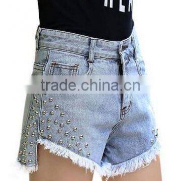 High-Rise Waist Denim Rip Shorts With Rivet Embellished photo-3