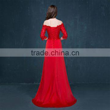 MGOO Brand Design Custom Long Dress Transparent Red Lace Long Dress Off Shoulder Applique Long Sleeves Prom Dress 2069 photo-3