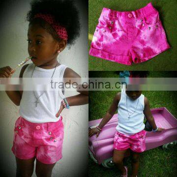 Pink Tie Dye Crystal Studded Shorts- Spring Shorts- Summer Shorts- Baby/ Toddler Girl Shorts- Hot Pink photo-2
