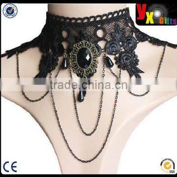 punk Style Wedding Party Black Lace choker Beads Tassels Chain Pendant Necklace for Women