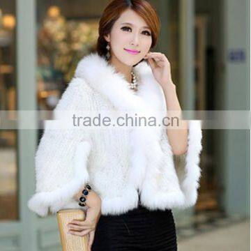 SJ468 Mexico White Mink Fur Poncho with Fox Collar Thick Knit