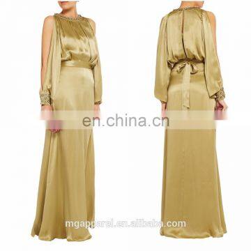 2015 100% silk dress,fashion lady dress, embellished long sleeve maxi dress