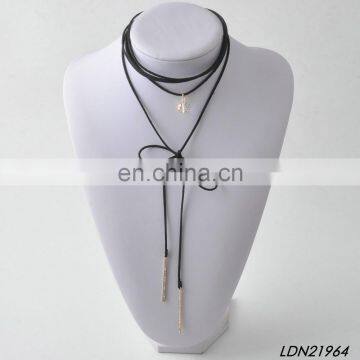 Long Black Layered Leather Thin Double Wrap Choker Bolo Necklace with Gold Tip- Vegan Faux Suede Accessories