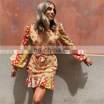 LAITE D2195 Amazon Hot Sales Long Sleeve Printed Flounced Casual Dresses Women V-neck Bandage Sexy Dresses photo-3