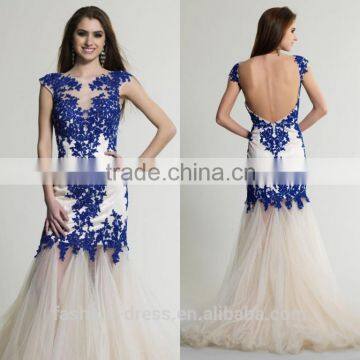 New Arrival Beautiful Cap Sleeve Low Back Evening Dress With Royal Blue Lace Applique